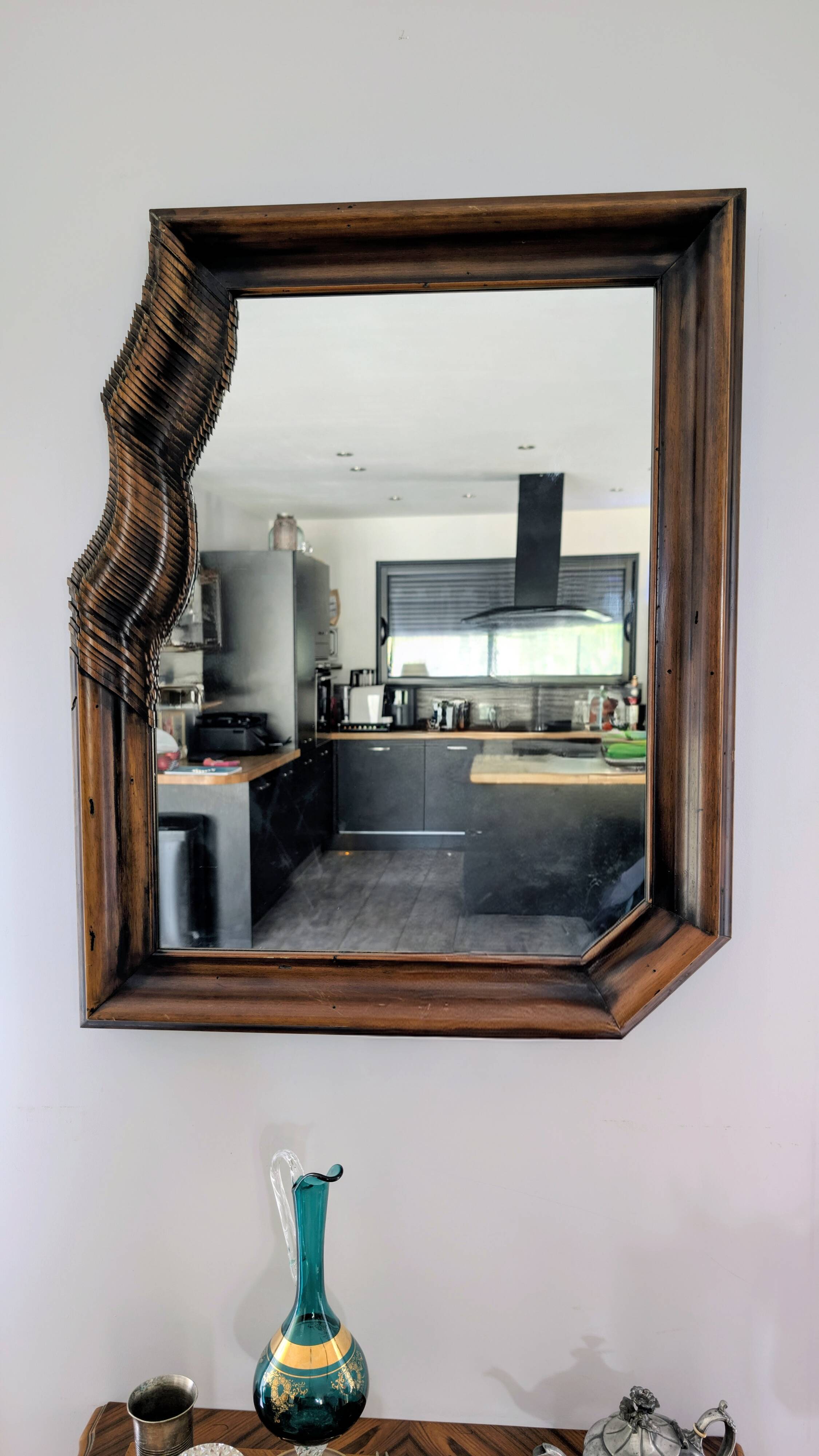 Large wooden wall mirror - wavy carving and natural patina