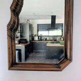 Large wooden wall mirror - wavy carving and natural patina
