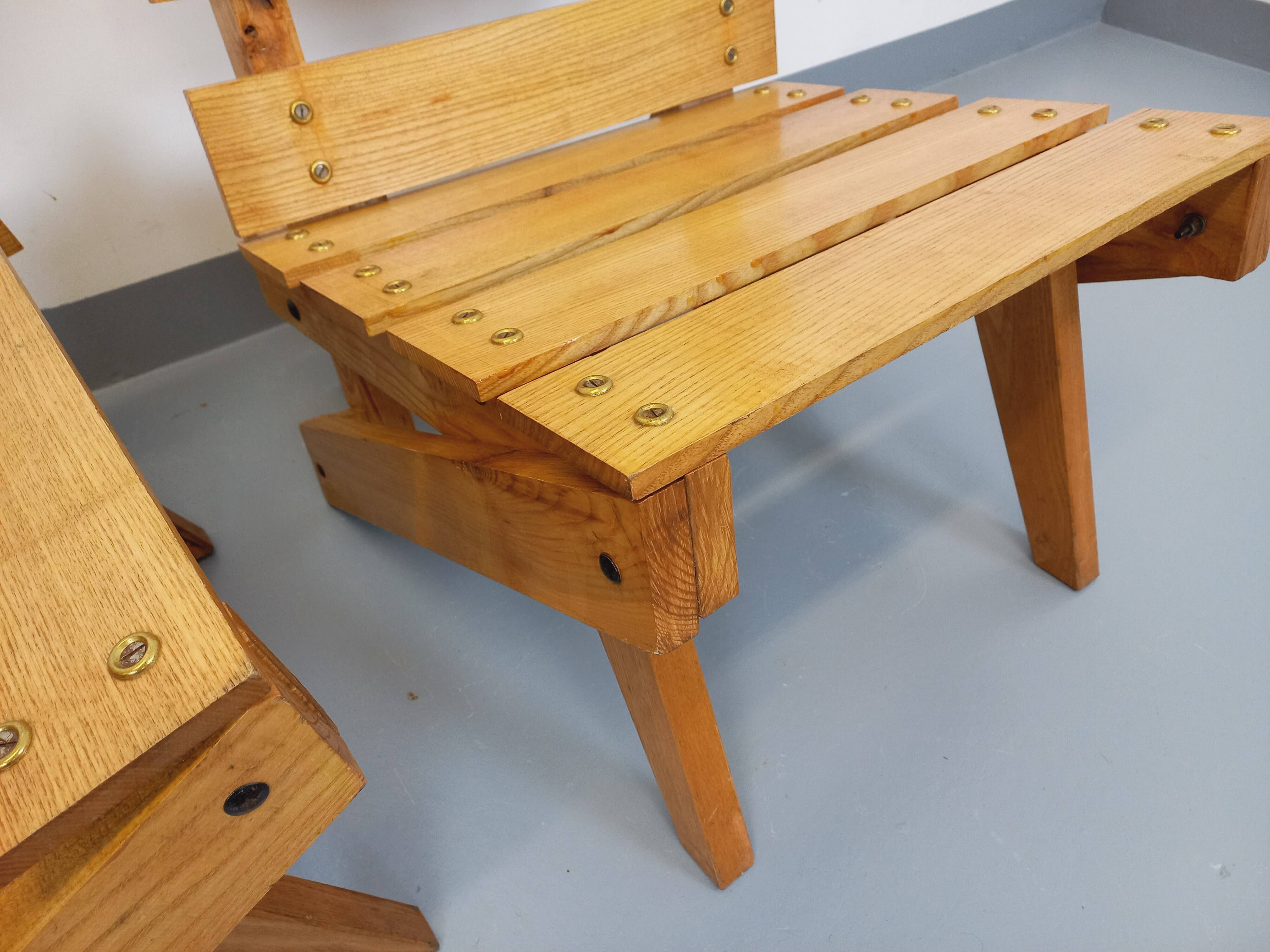 Pair of Vintage Brutalist Slatted Wood Lounge Chairs