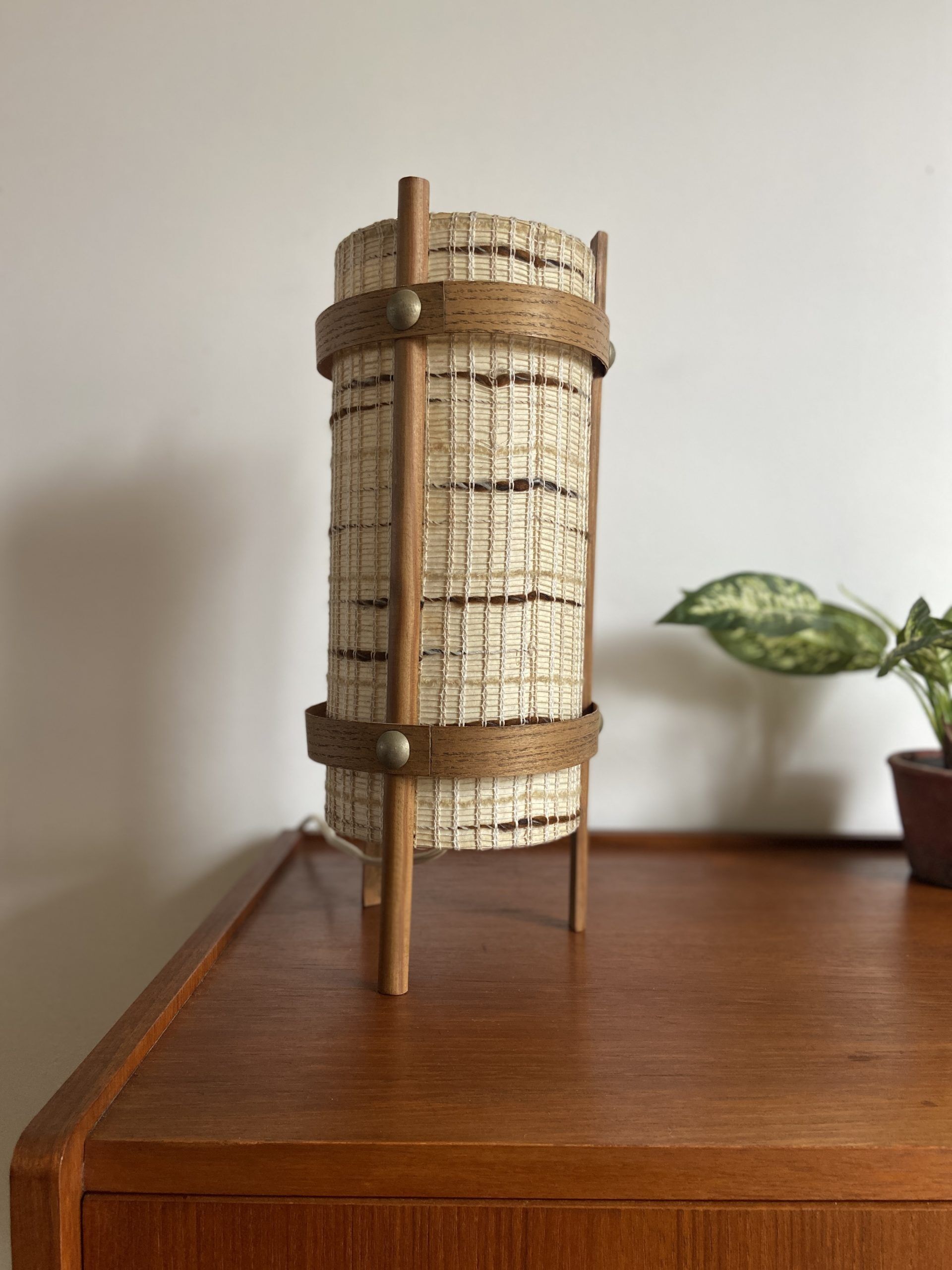 Vintage handcrafted lamp in woven wool and wood veneer
