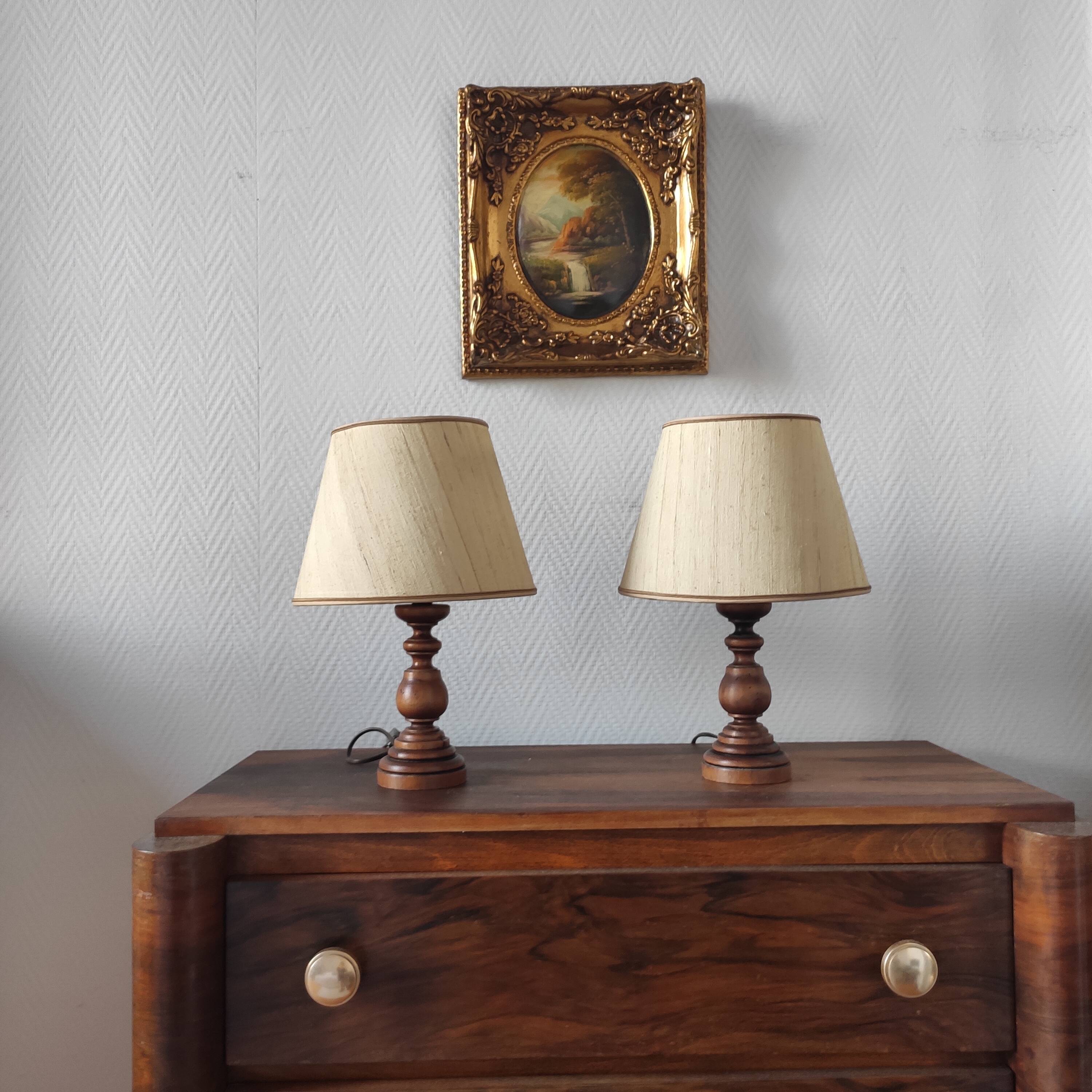 Pair of vintage turned wood lamps