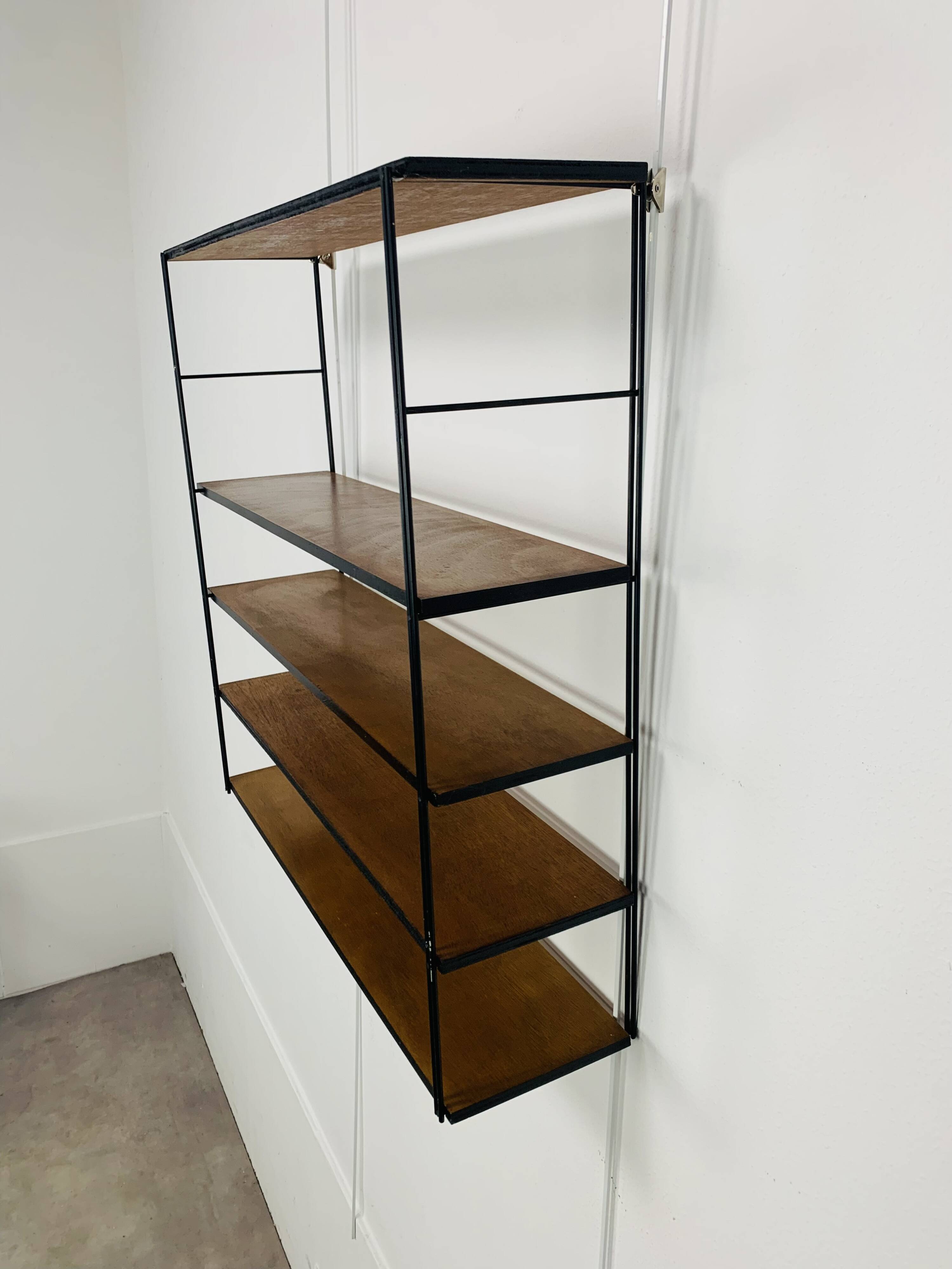 60s wall-mounted string shelf, wood and metal