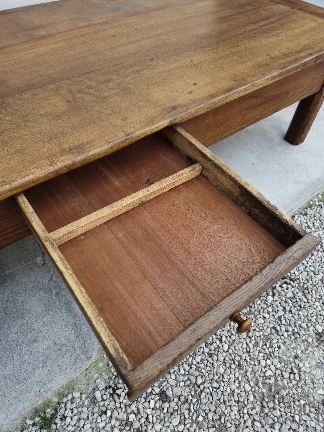 Rustic farmhouse coffee table with two drawers, solid oak, 19th century - 1.97m