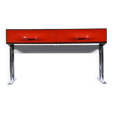 Console stéréo TV DF-2000 en palissandre, chrome et plastique rouge par Raymond Loewy.