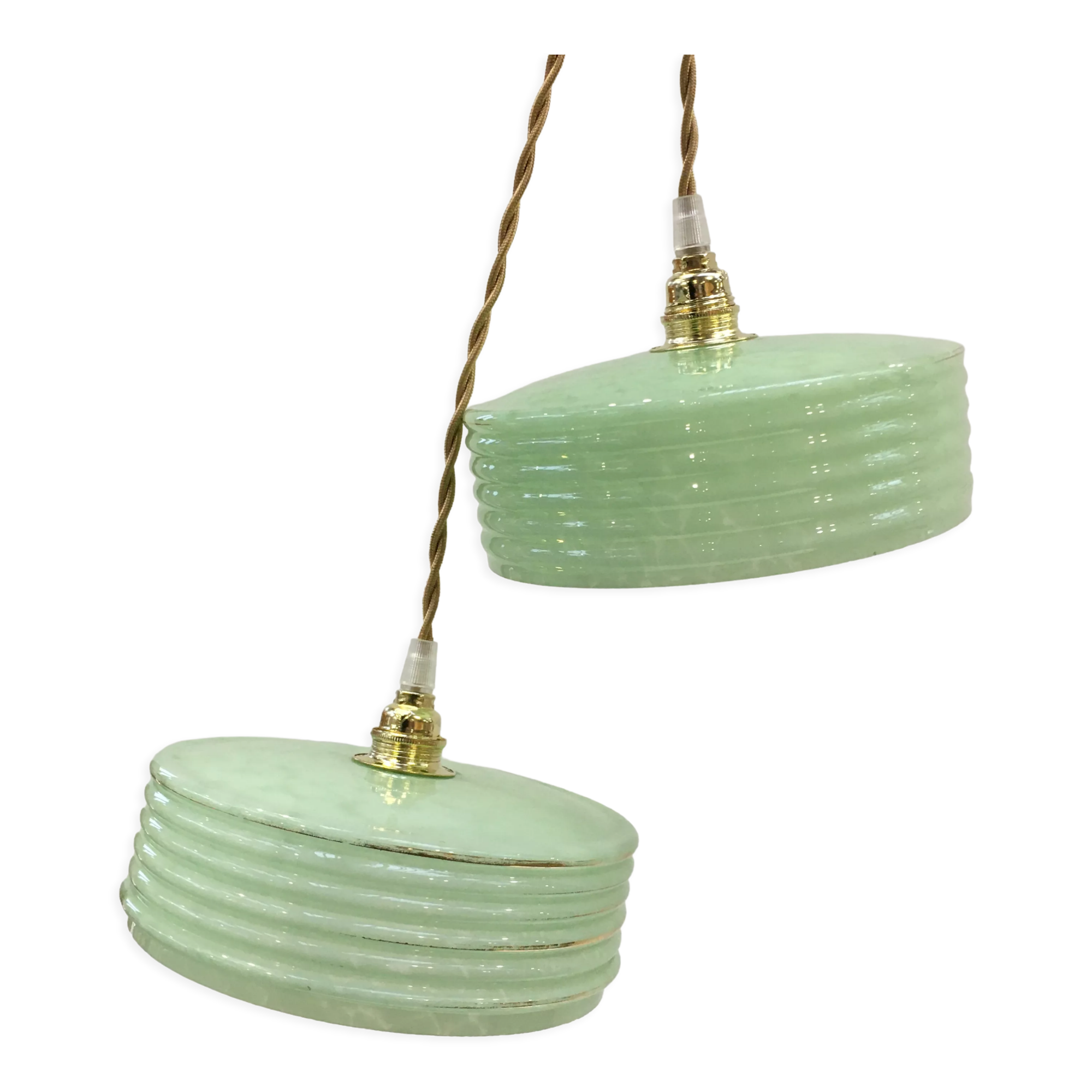 Pair of Art Deco pendant lamps in green Clichy glass