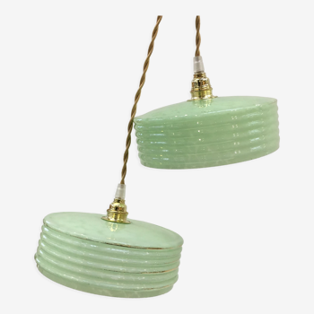 Pair of Art Deco pendant lamps in green Clichy glass