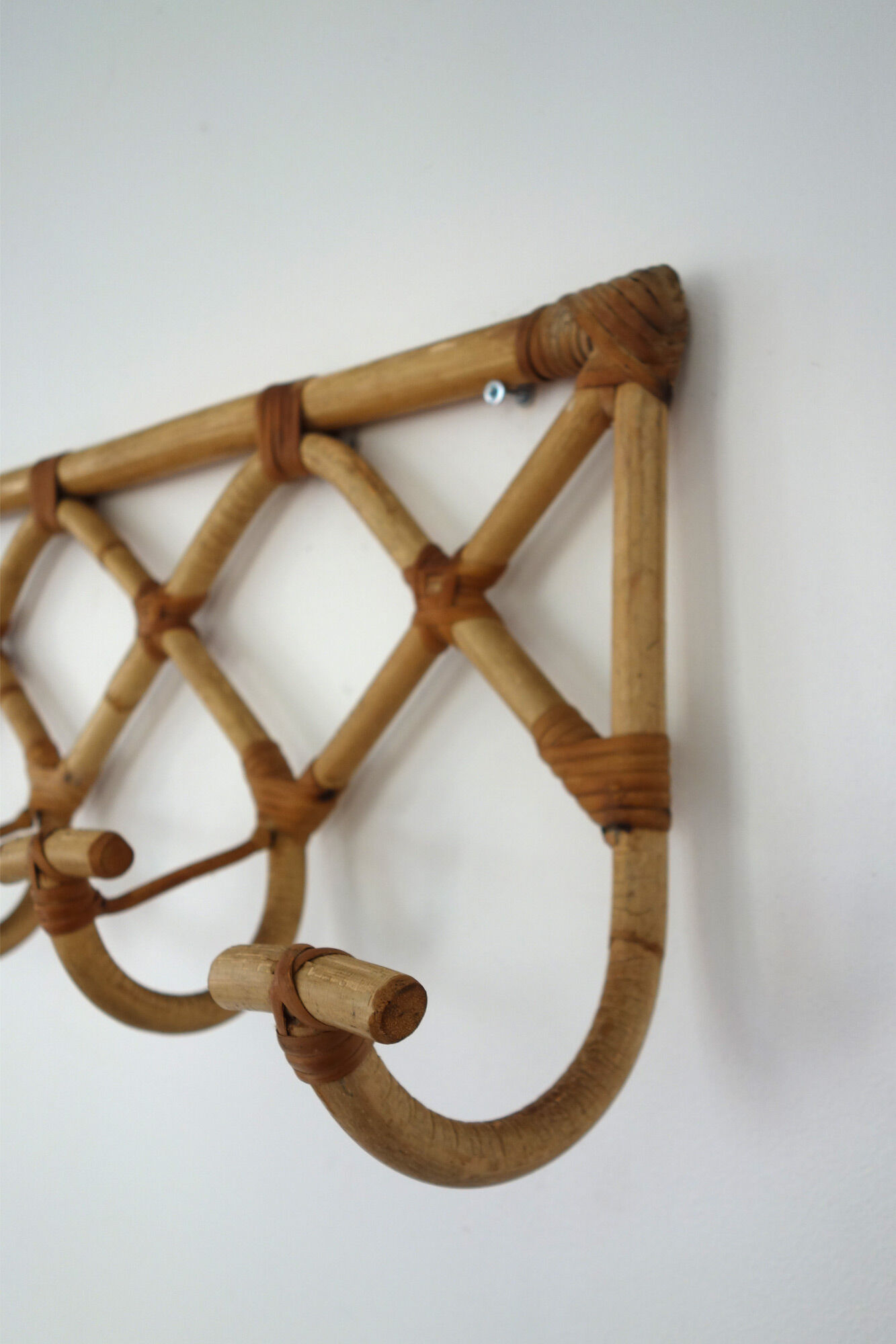 Vintage rattan coat rack 5 hooks 50s