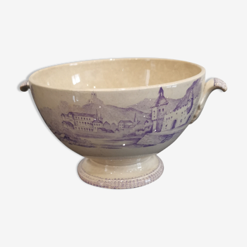 Vintage beige/blue finned bowl in porcelain Iron earth old village décor