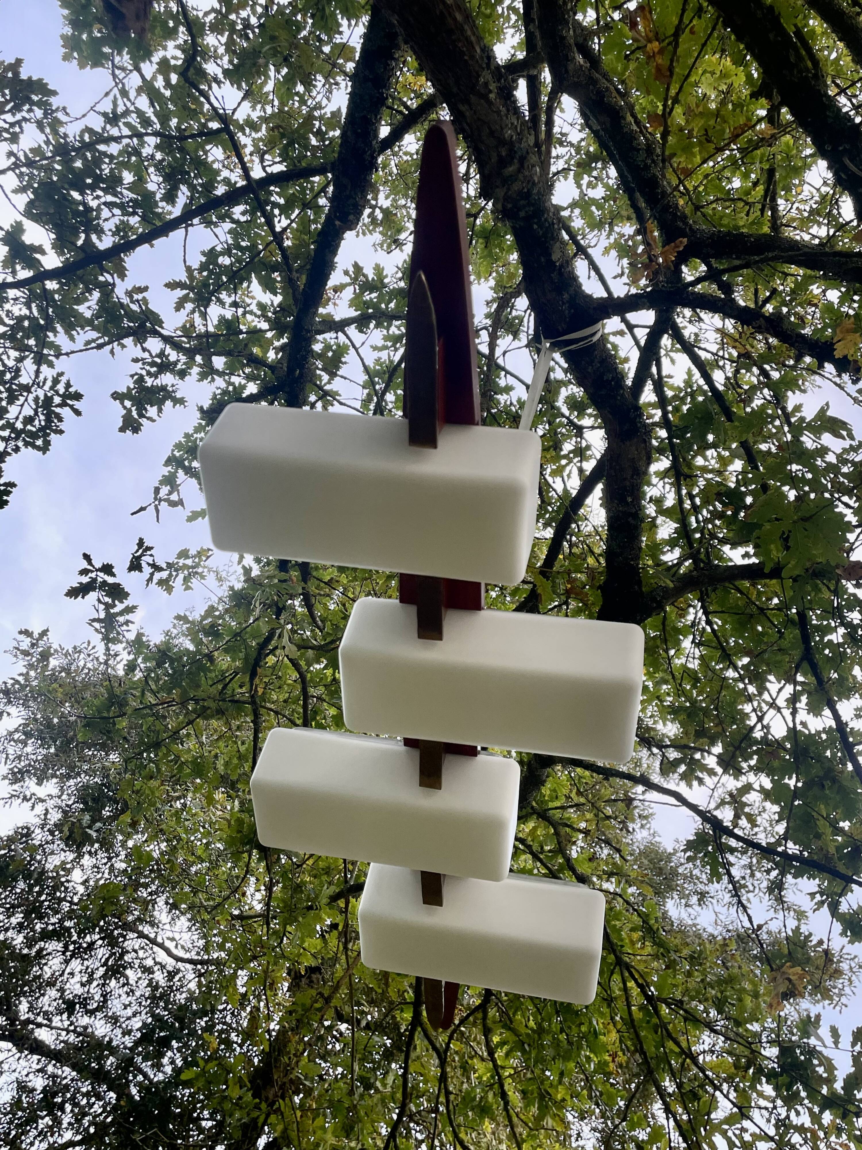 Scandinavian chandelier, brass, precious wood, 4 lights, shuttle 102 x 35 x 9 cm