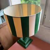 Pair of wooden bedside lamps with striped lampshades