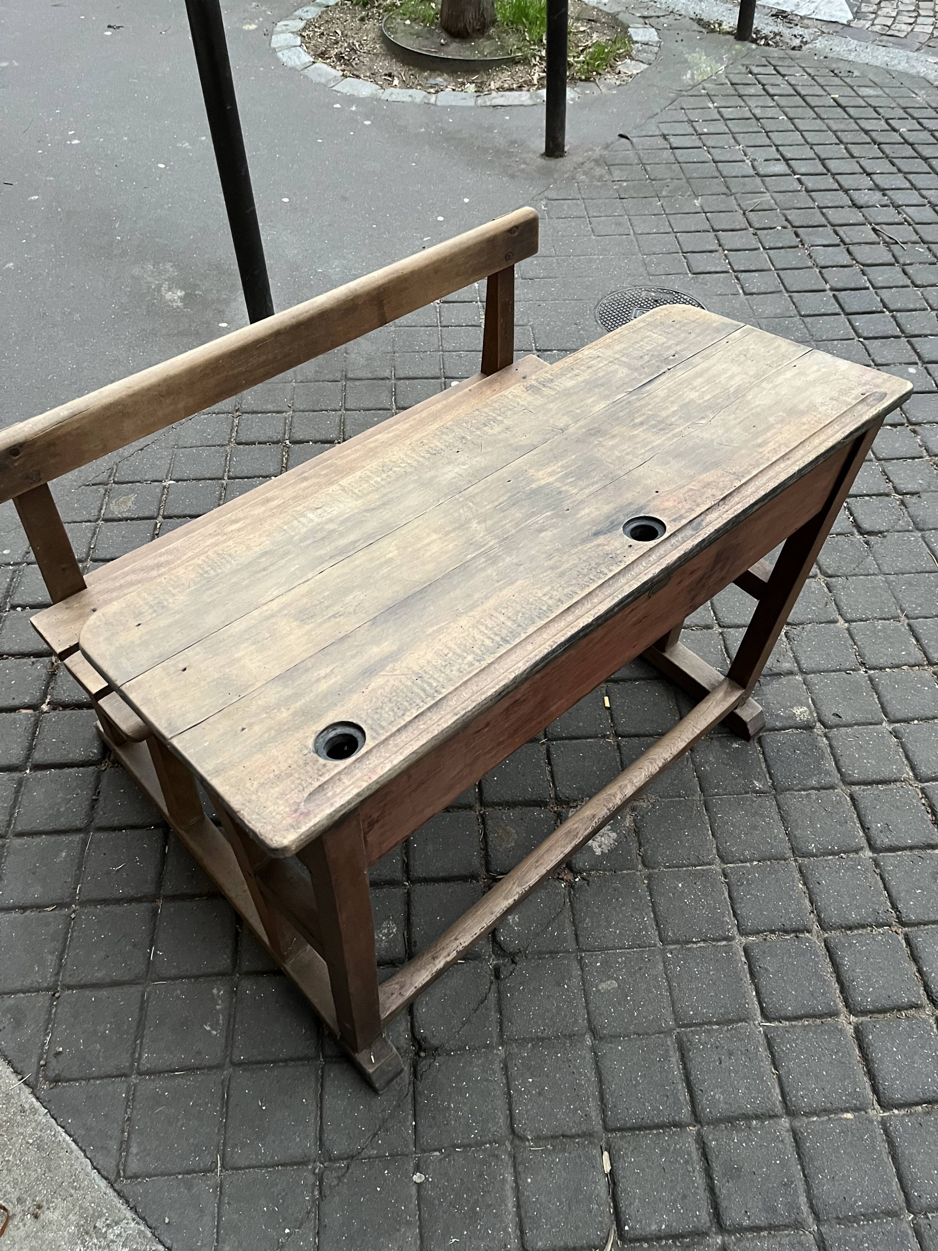 Old double school desk with built-in bench