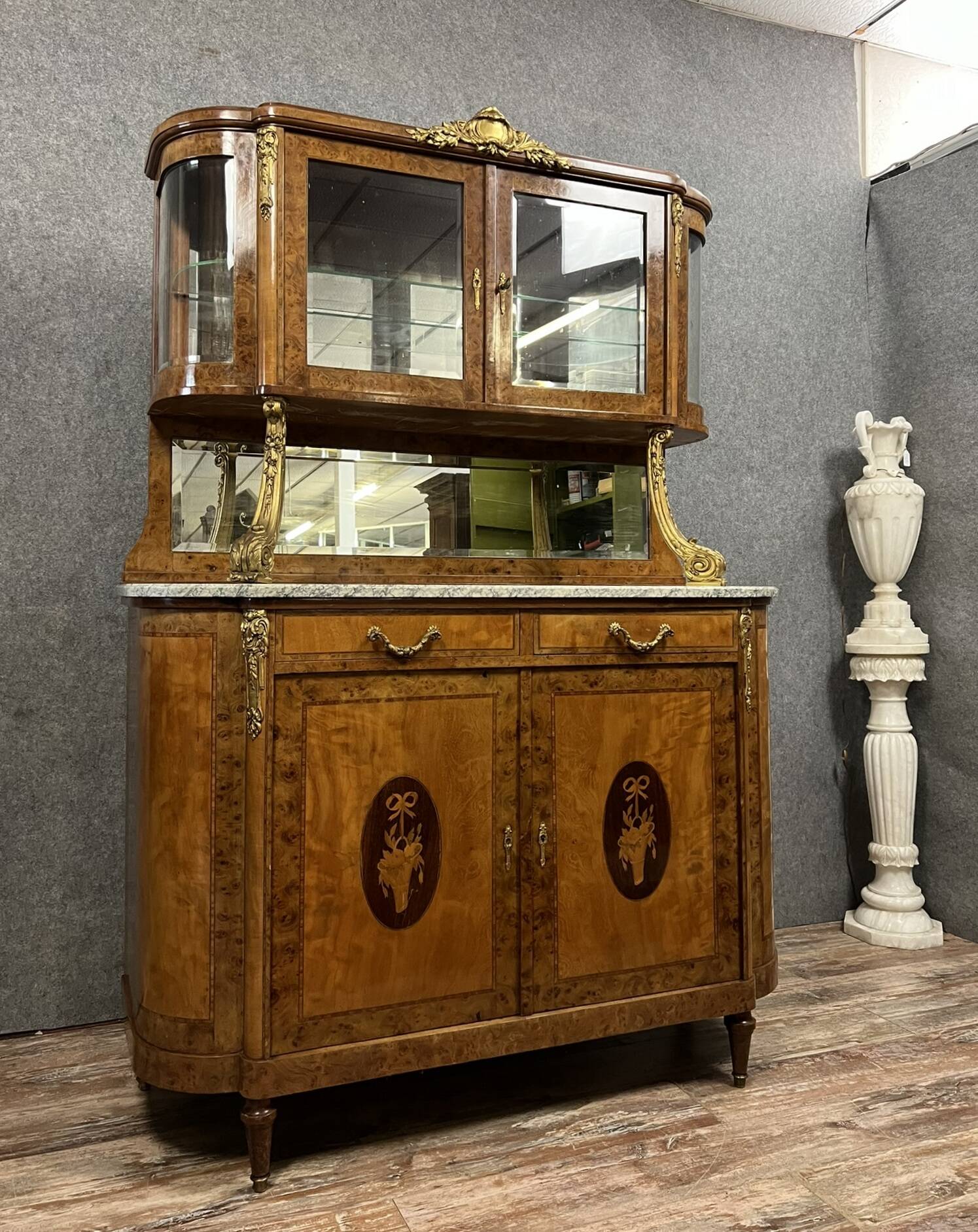 Superb Louis XVI two-body buffet in marquetry and gilded bronzes circa 1880