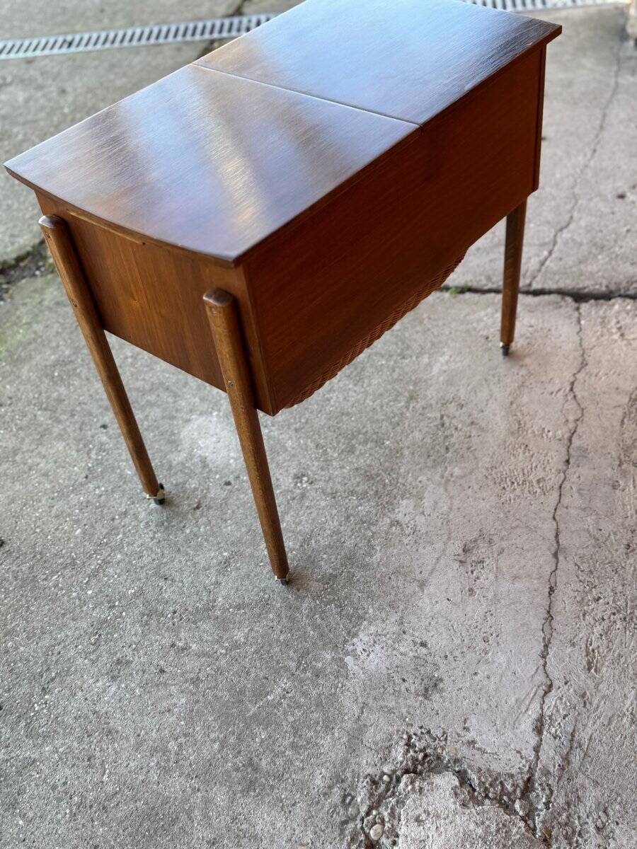 Danish storage cart in brown teak and wicker, 1960s, Mid-Century style.