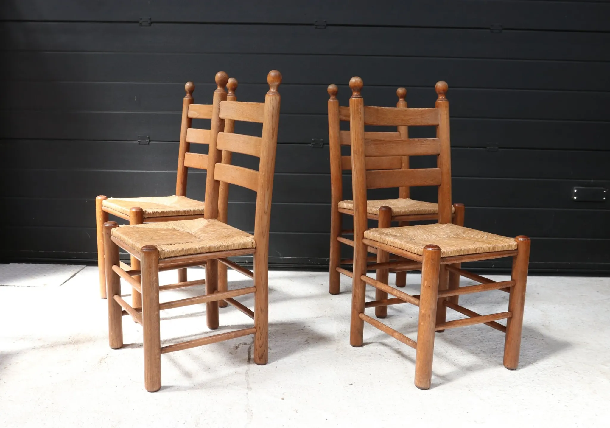Set of four French ladderback chairs with rush seats – circa 1960