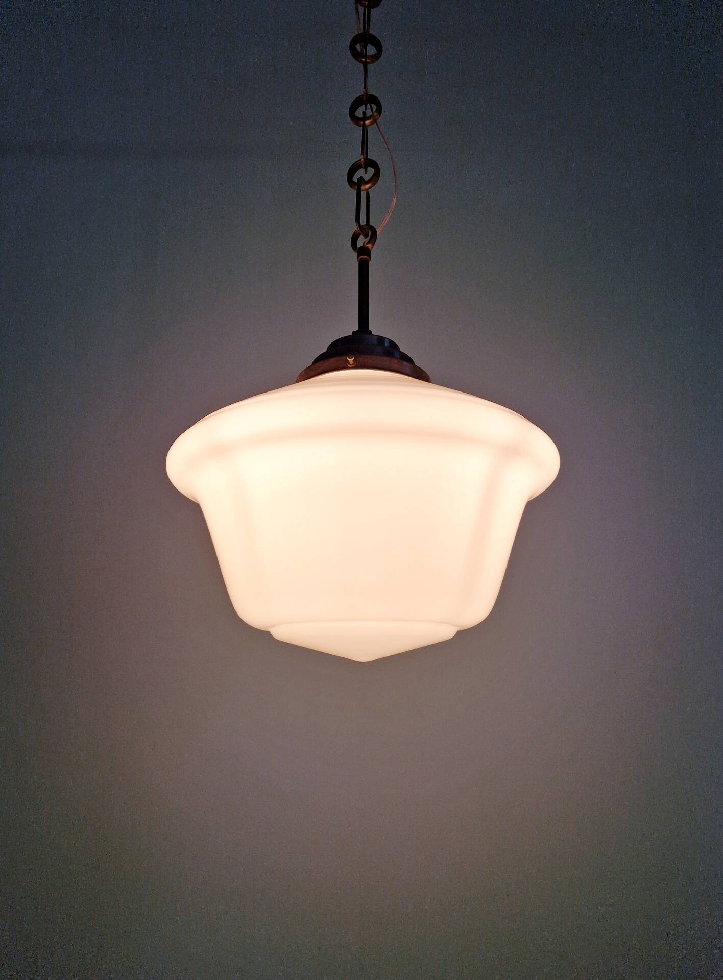 Large Art Deco pendant light in white opaline, 1930.