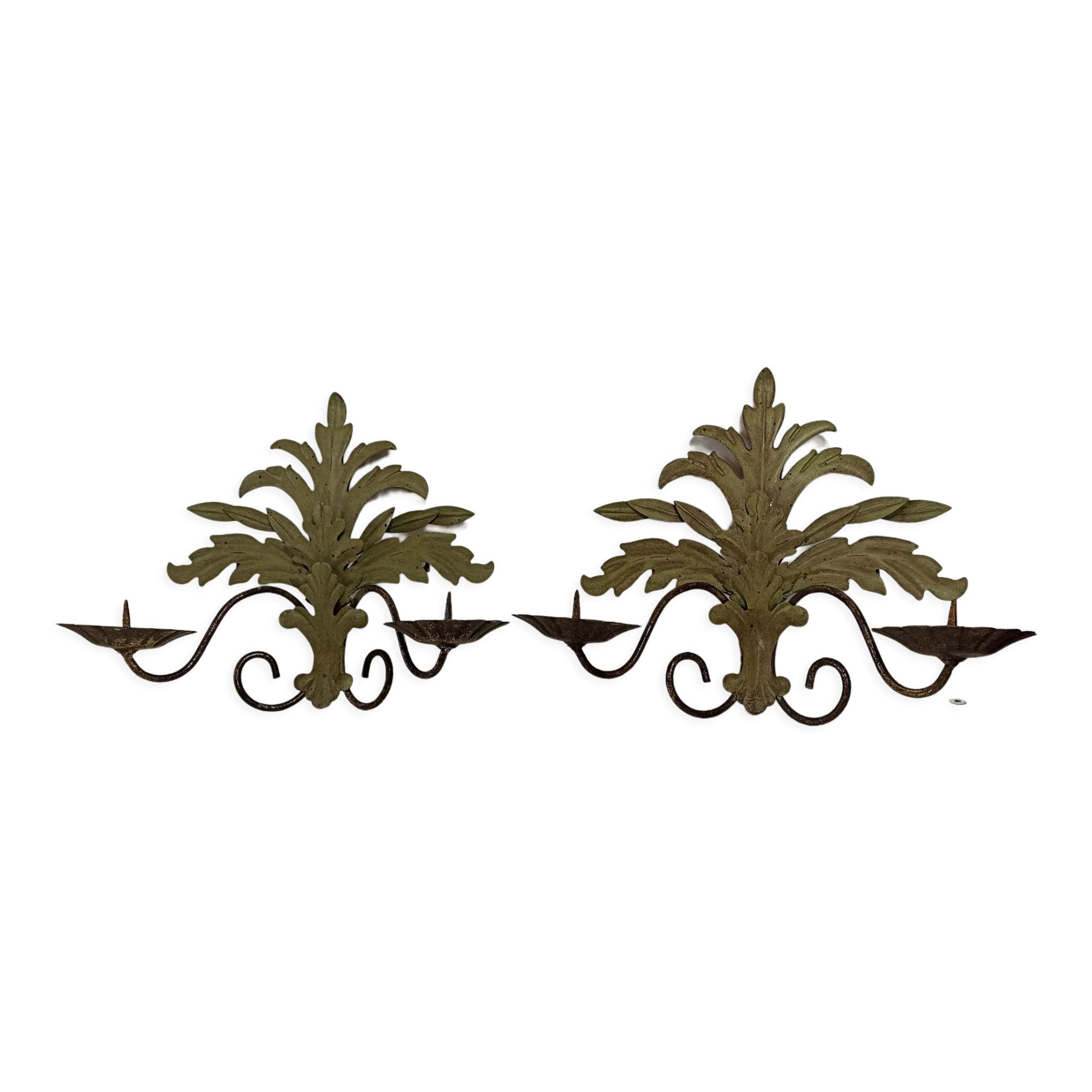 Pair of vintage wall lights candlesticks in gold metal and green patina