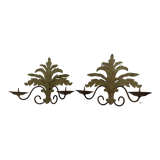 Pair of vintage wall lights candlesticks in gold metal and green patina