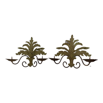 Pair of vintage wall lights candlesticks in gold metal and green patina