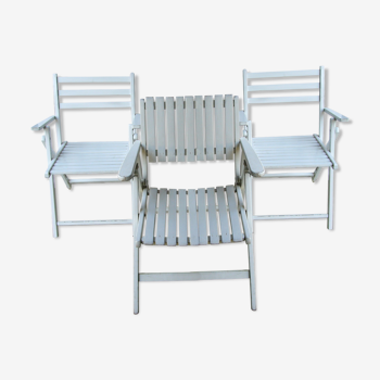 three 70s wooden folding garden chairs