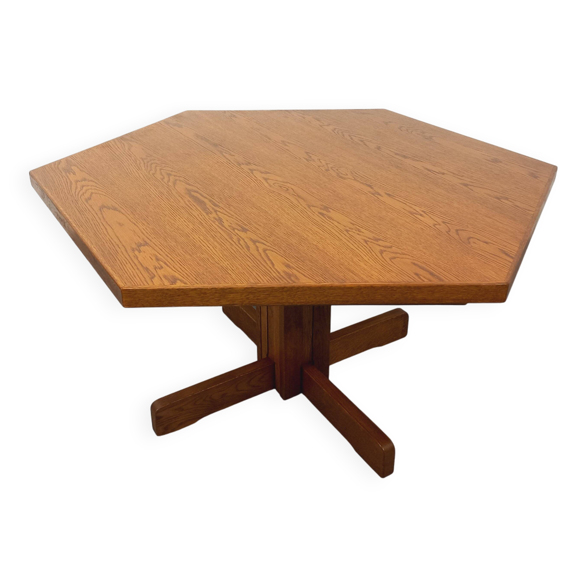 Vintage 80s hexagonal dining table in oak wood