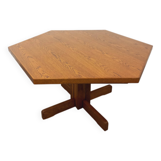 Vintage 80s hexagonal dining table in oak wood