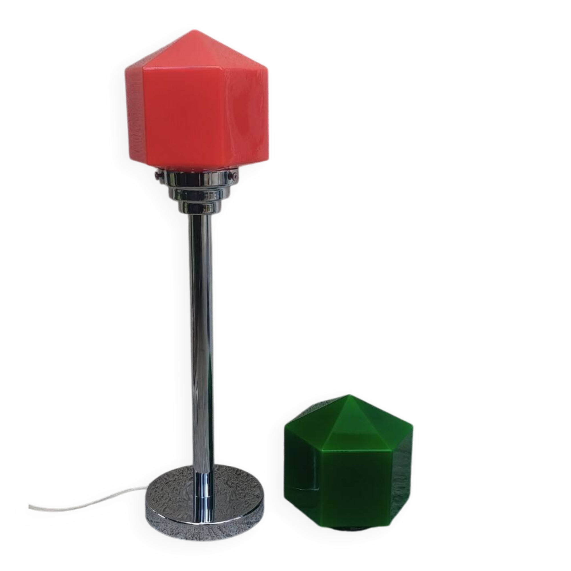 Floor lamp from the 60s/70s, chrome with two opal glass tulips in red and green.