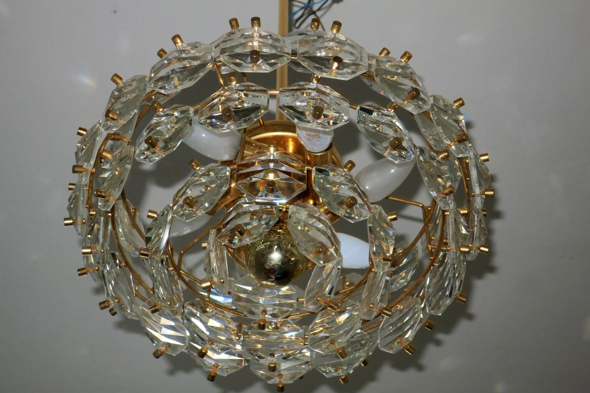Kinkeldey gold-plated brass and faceted glass chandelier, 1960s