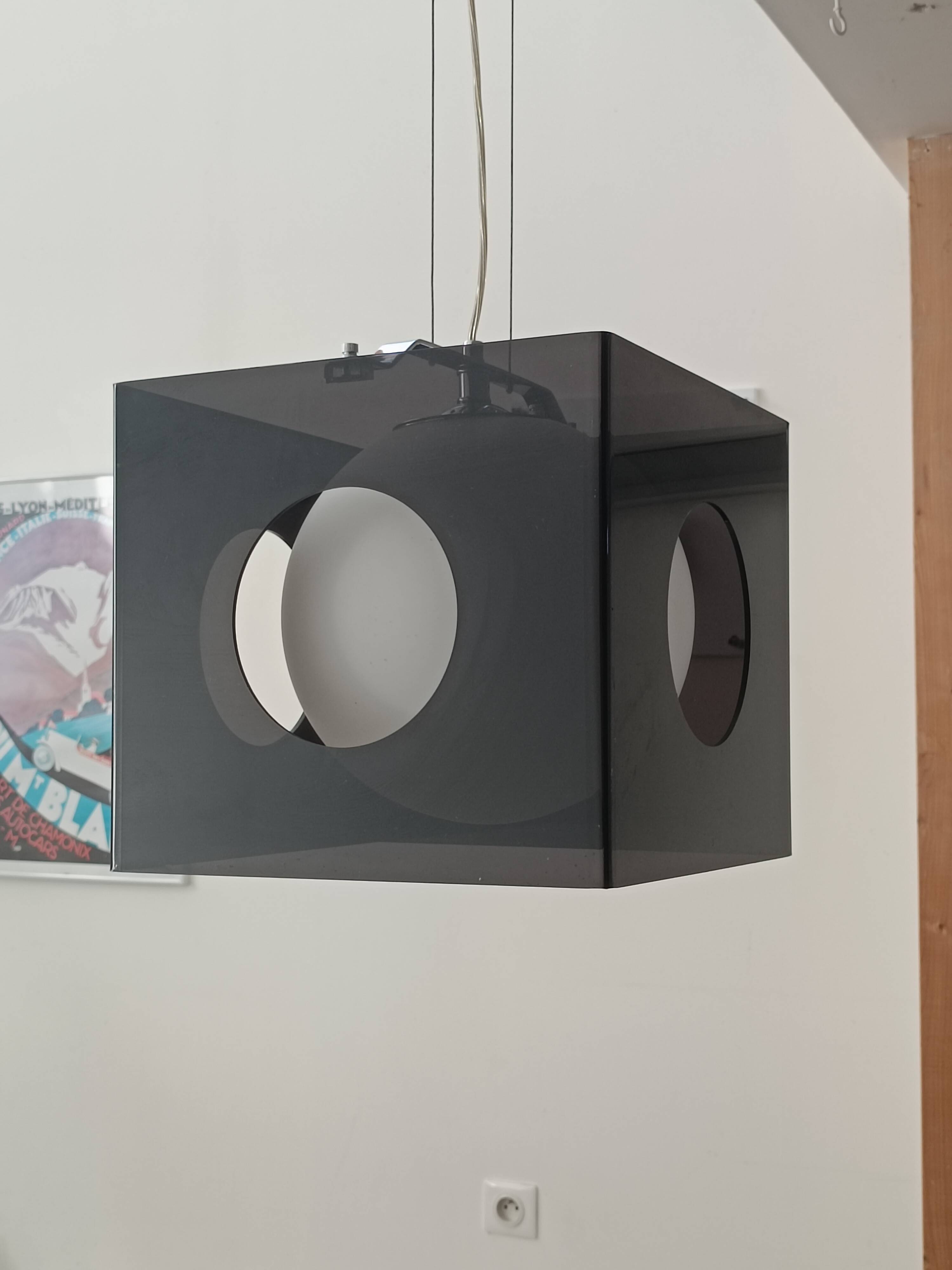 1990s smoked plexiglass designer hanging lamp