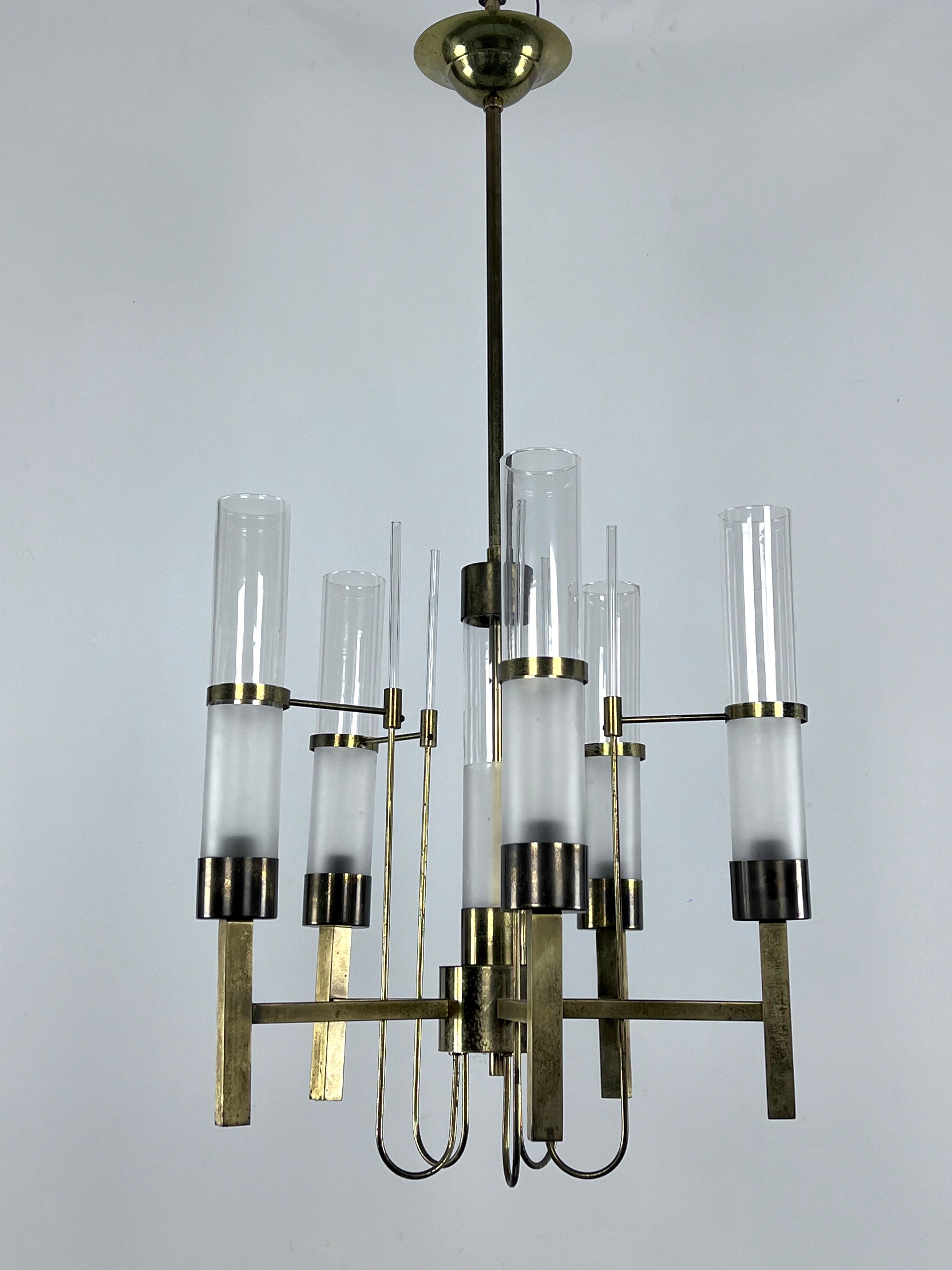 Sciolari, five arms brass and glass tube chandelier. Italy 1960s