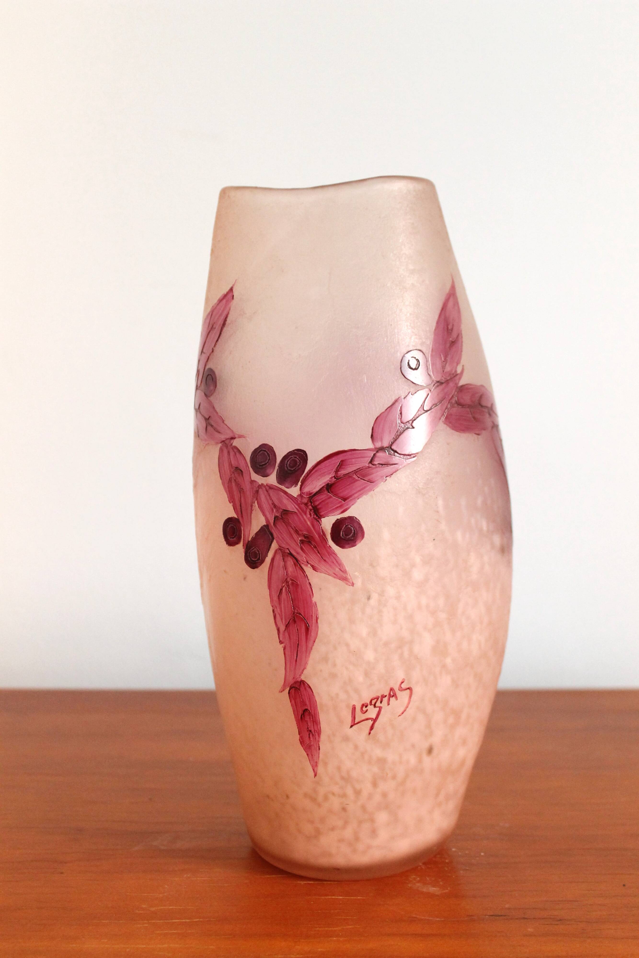 Legras vase ruby series in flowers in acid-etched glass
