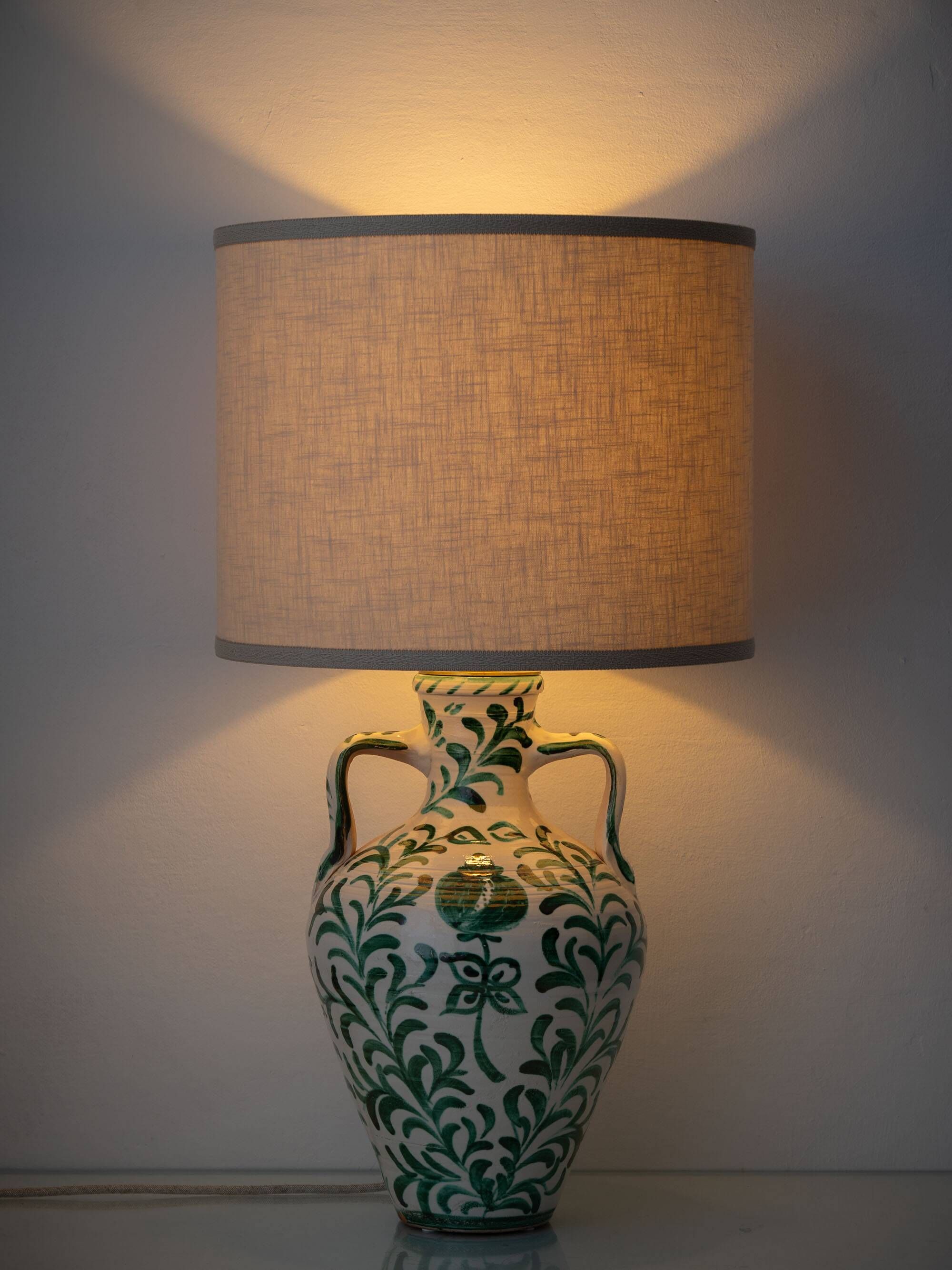 Spanish Revival Ceramic Table Lamp Pair from Granada, New Linen Lampshades