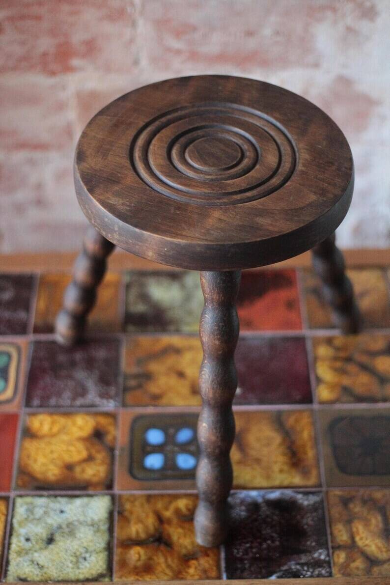 Vintage stool, tripod stool, occasional stool, wooden plant stand, side table, interior decoration.