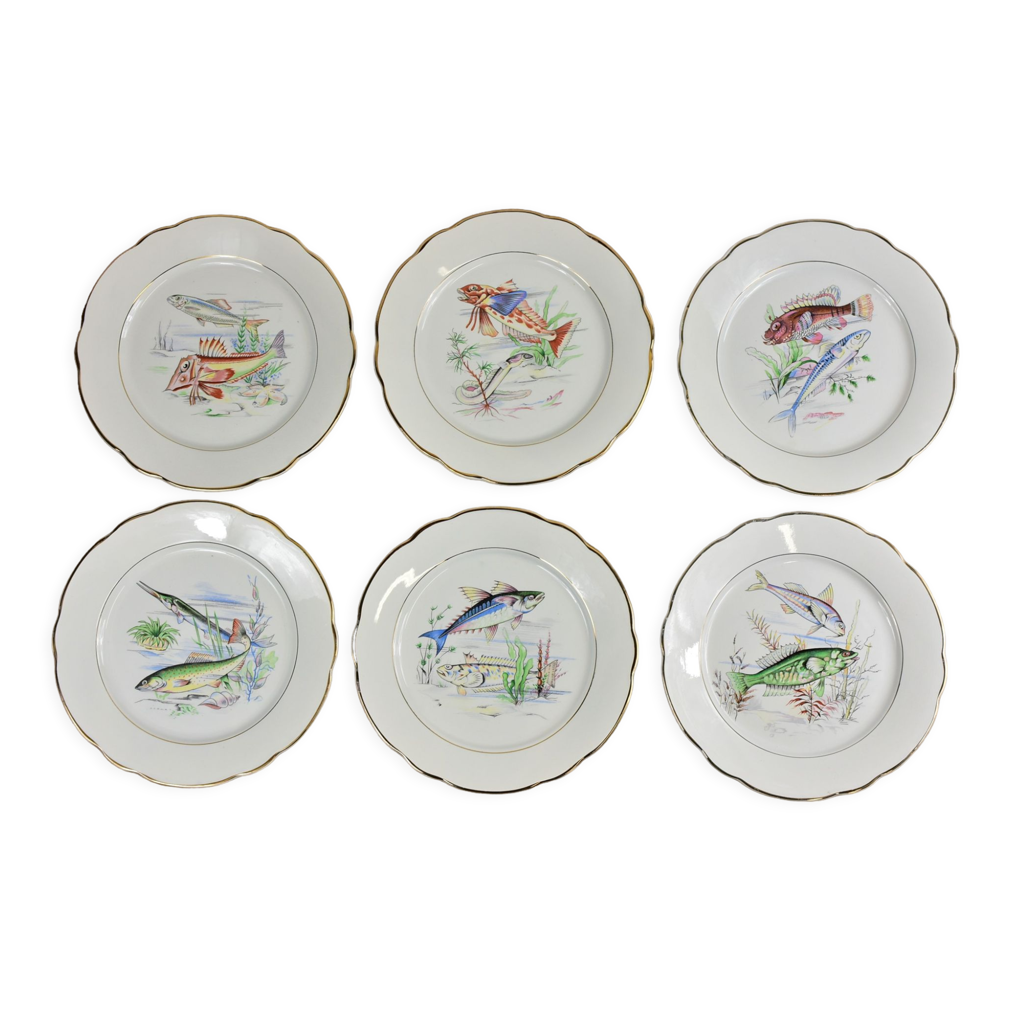Set of 6 plates sea pattern Digoin Sarreguemines.