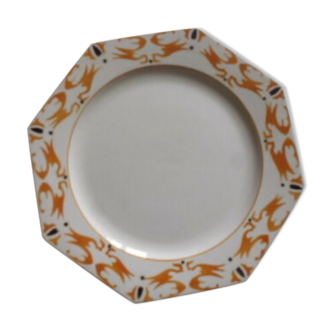 Assiette plate octogonal Longwy décor orange