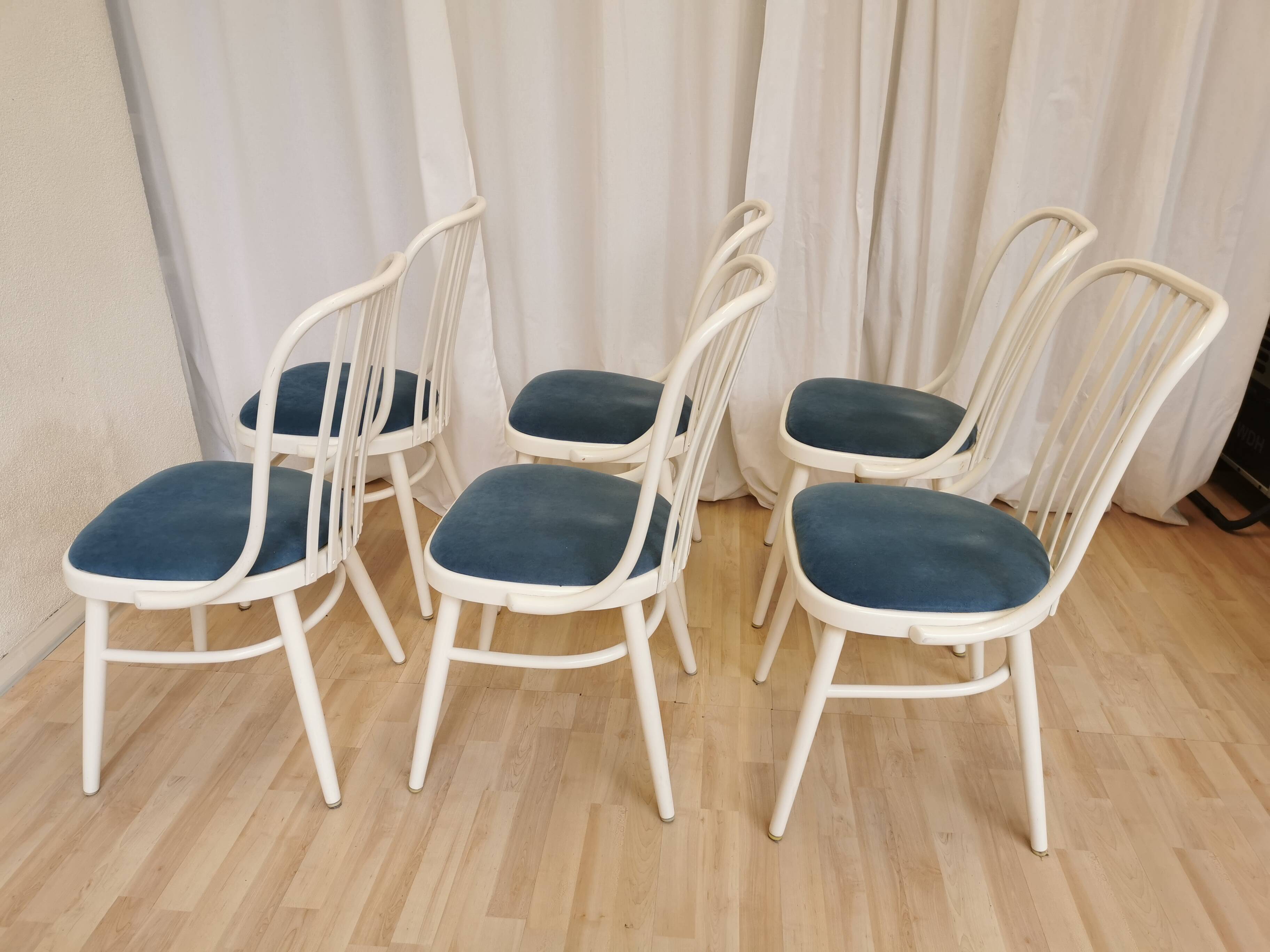 Set of 6 Vintage Bentwood Dining Chairs: White Ligna Style, Blue Fabric