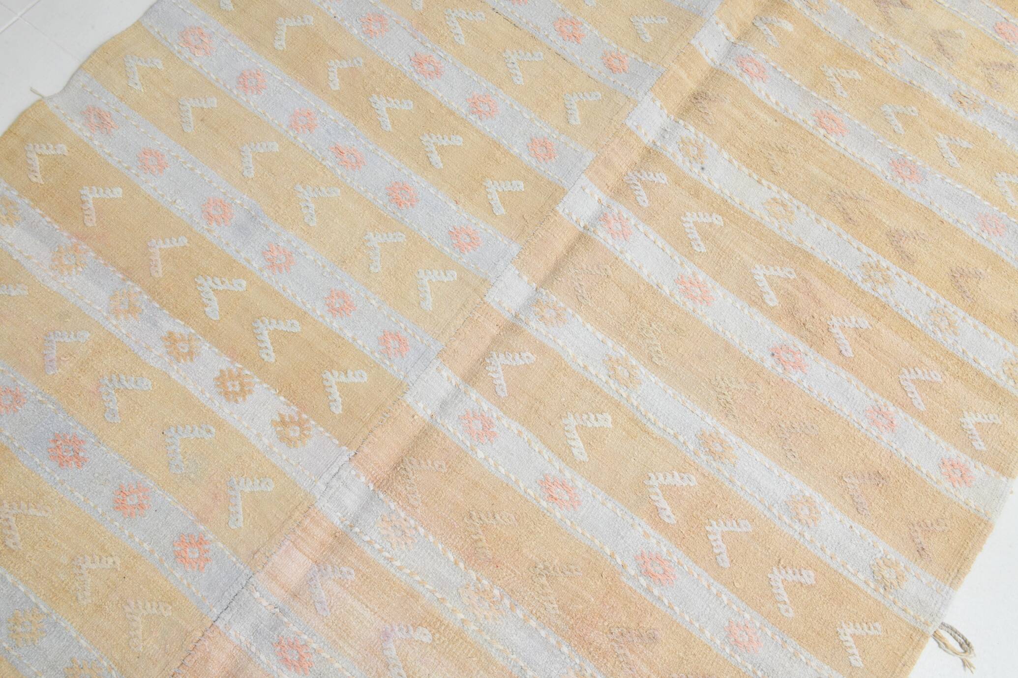 Soft Beige & Mustard Yellow Striped Wool Kilim Rug, 155x396