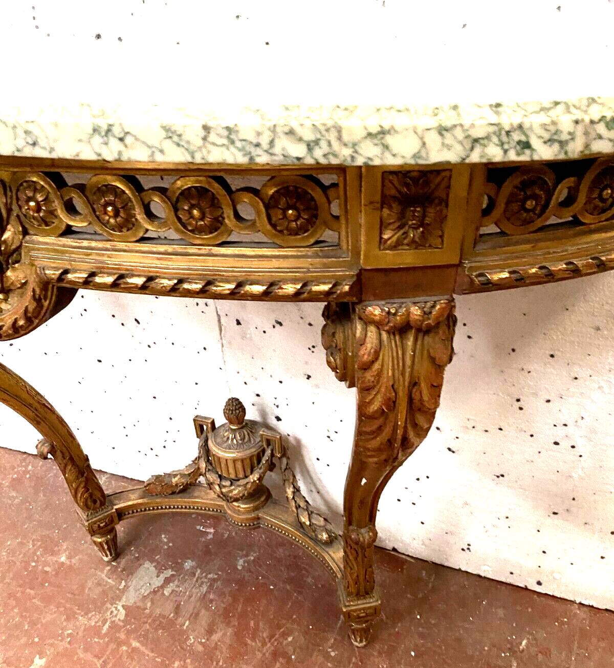 Louis XVI style console in gilded wood 20th century Veined green marble top