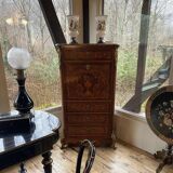 Inlaid wooden secretary, marble top. Napoleon III