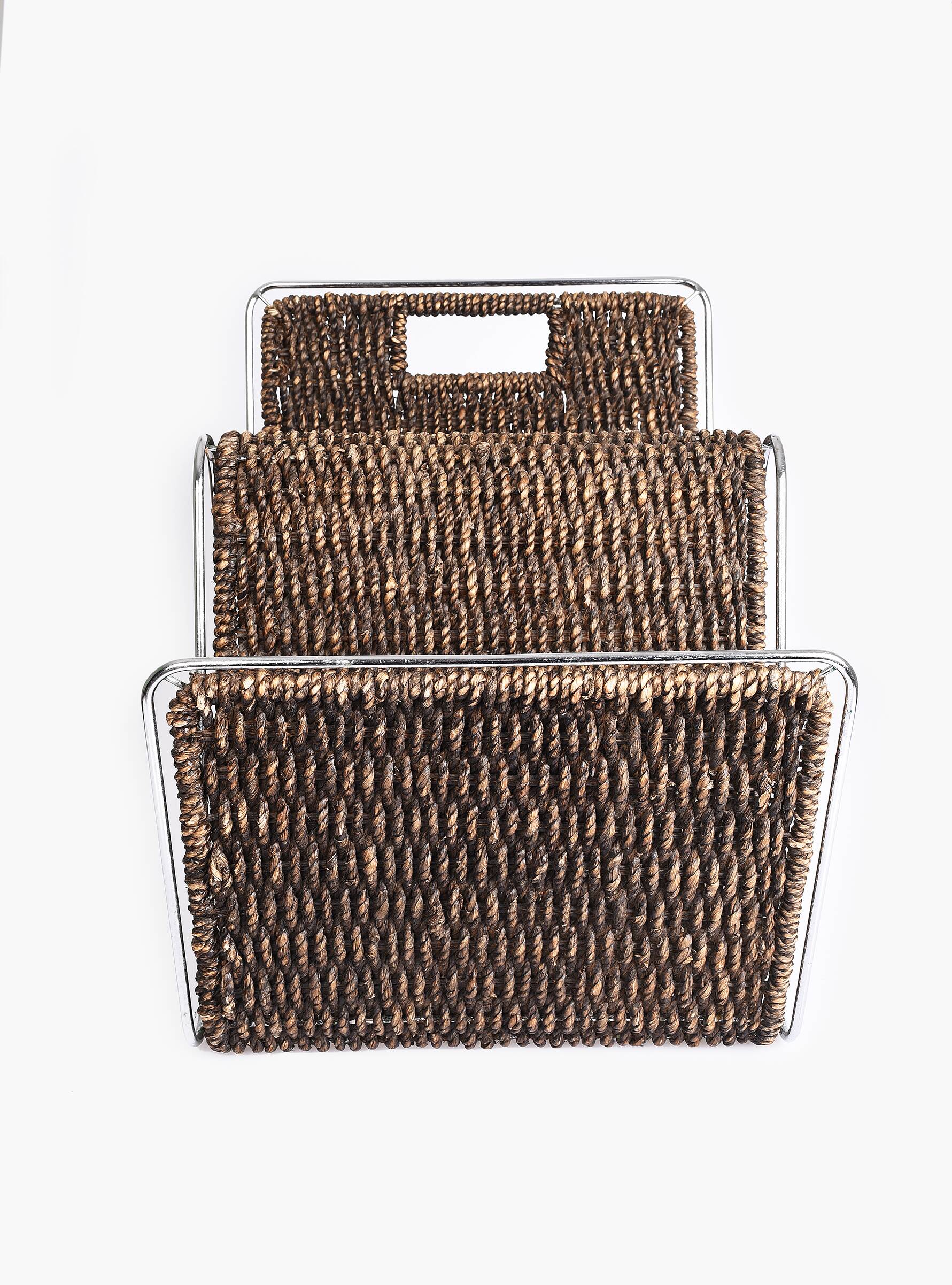 Vintage stainless steel magazine rack, woven rattan