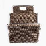 Vintage stainless steel magazine rack, woven rattan