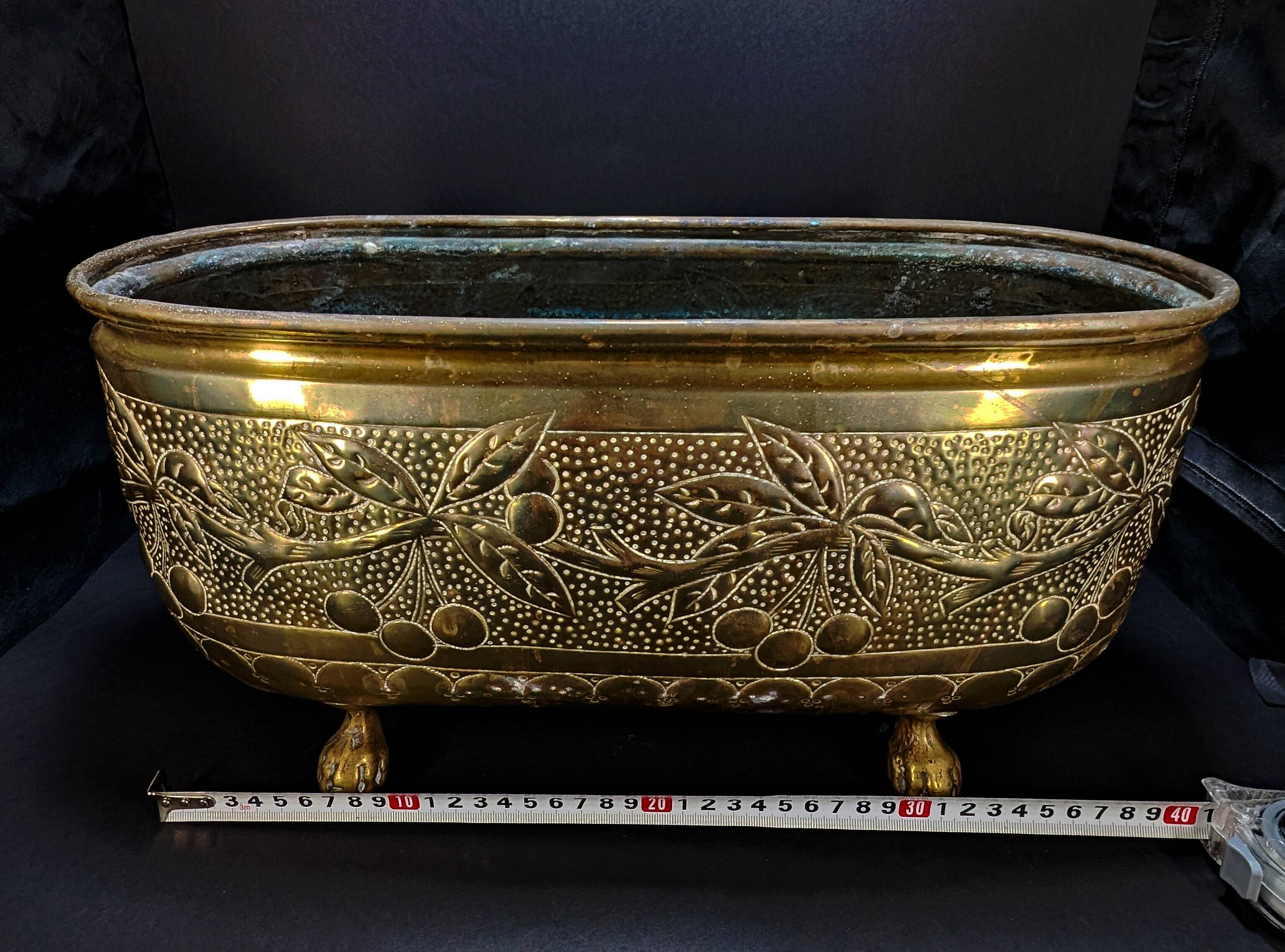 Antique Brass Jardinière – Repoussé Cherry & Leaf Décor – c.1900