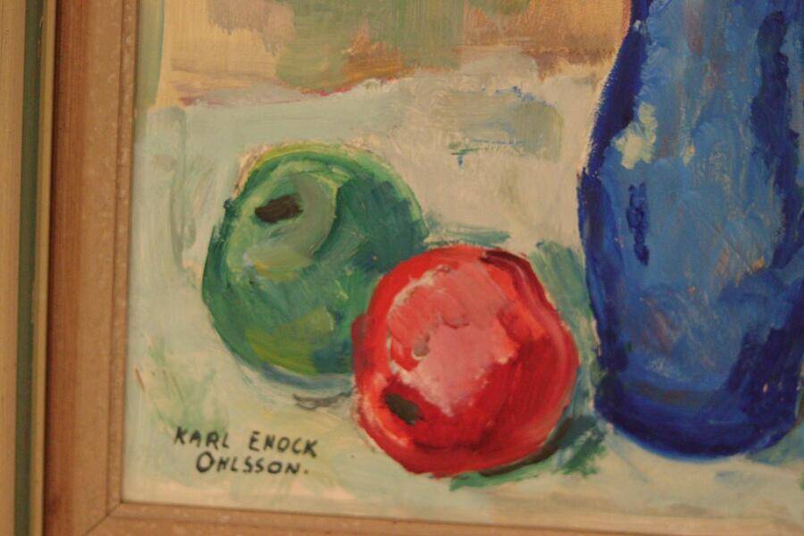 Original mid-century Swedish oil on panel – “Tea” by Karl Enoch Ohlsson – vintage & framed – 56 × 64 cm