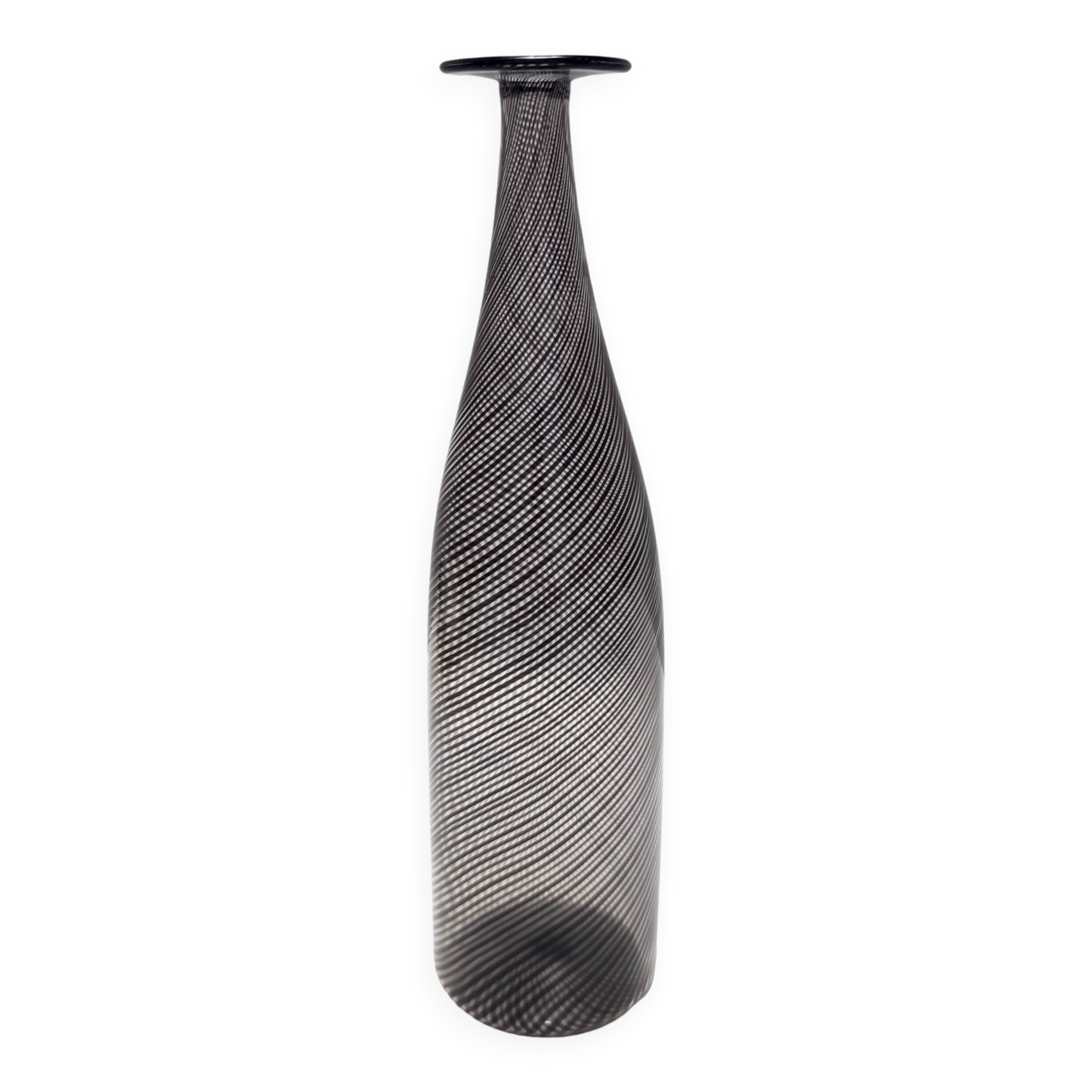 Black Murano Glass Bottle Vase "Mezza Filigrana" by Dino Martens for Aureliano Toso
