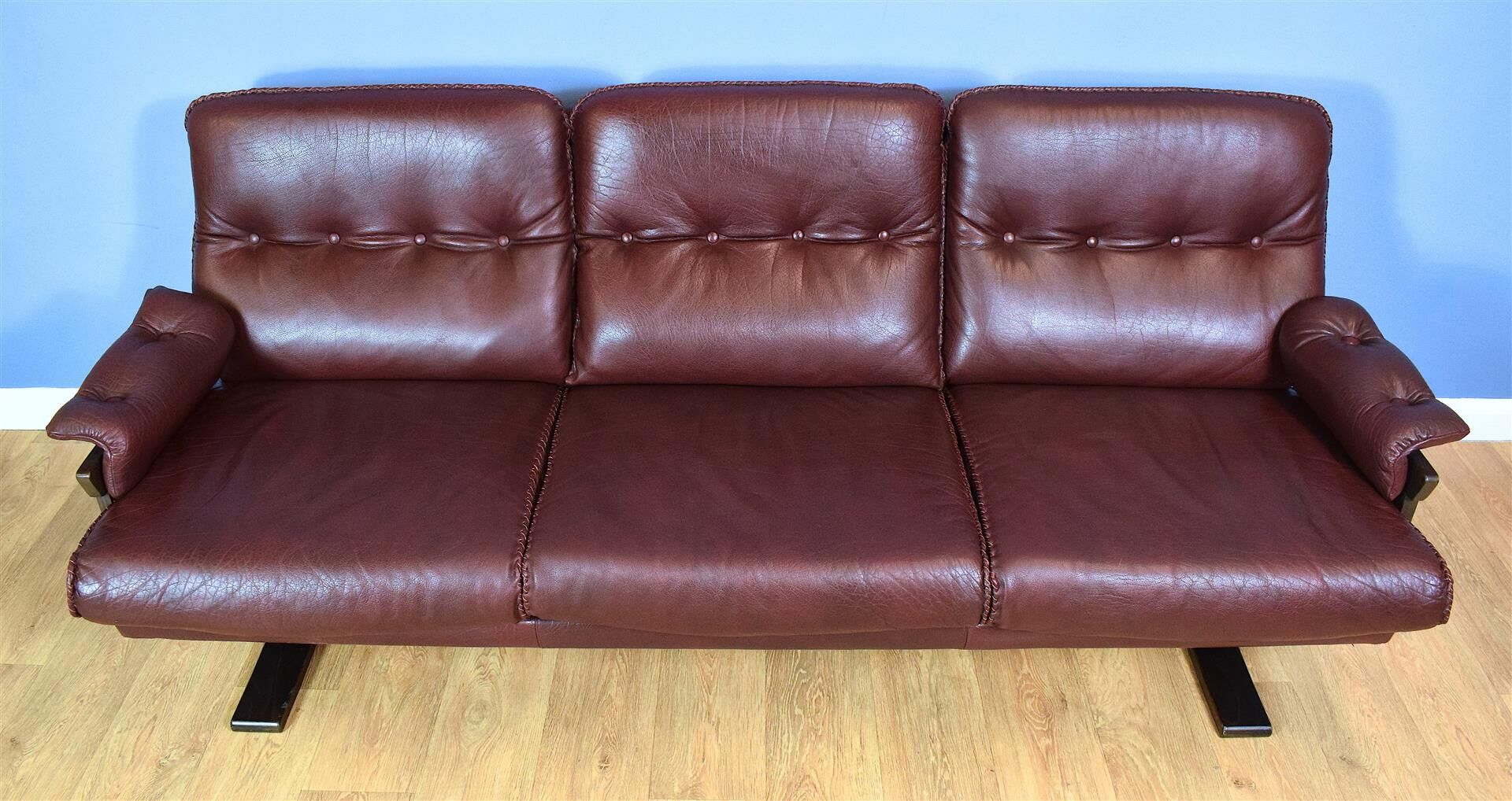 Mid Century Retro Swedish Burgundy Leather Arne Norell 3 Seat Sofa 70s