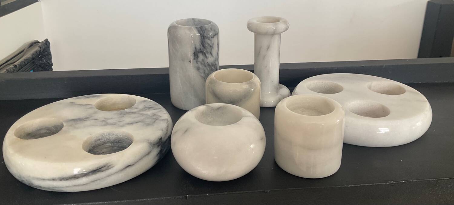 Series of 7 vintage Carrara marble candlesticks