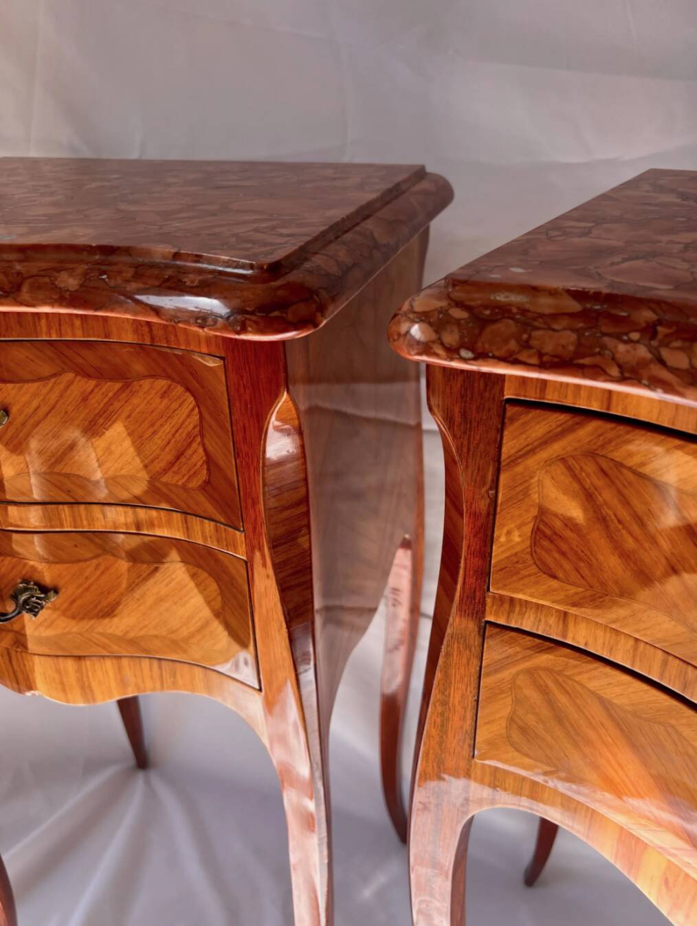 Pair of French Rosewood Nightstands, Marble Top Nighstands, Marquetry Bedsi