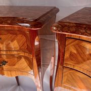 Pair of French rosewood bedside tables, marble top, inlaid beds.