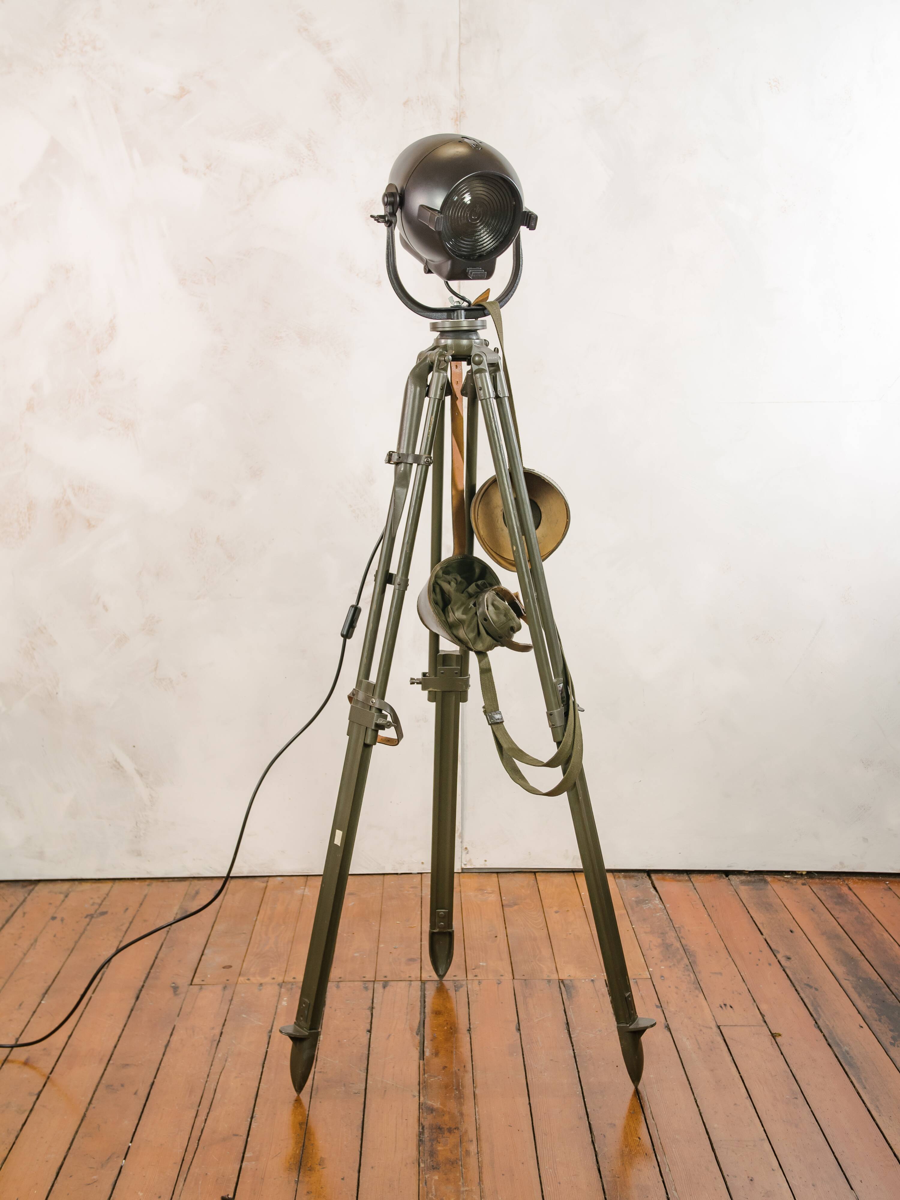 Vintage 1950s Strand Electric Patt 123 Theatre lamp on an old Wooden Army Surveyors Tripod