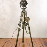 Vintage 1950s Strand Electric Patt 123 Theatre lamp on an old Wooden Army Surveyors Tripod