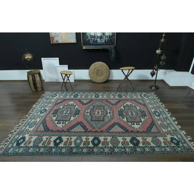 1970s Vintage Turkish Oushak Handmade Wool Cotton Pink Area Rug  192x256